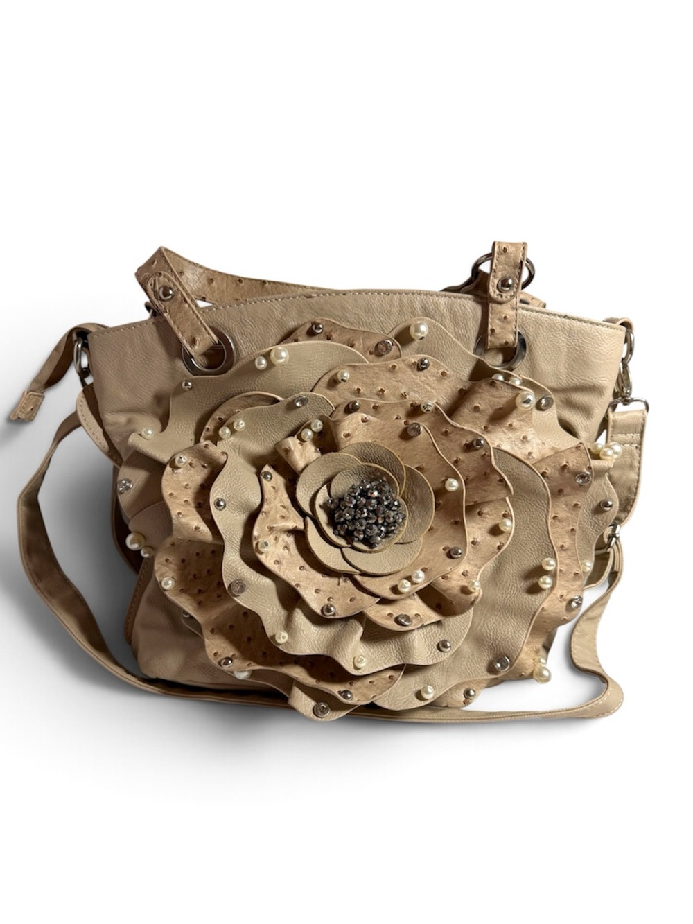 Beige Floral Applique Shoulder Bag with Pearl & Stud Detail and Crossbody Strap